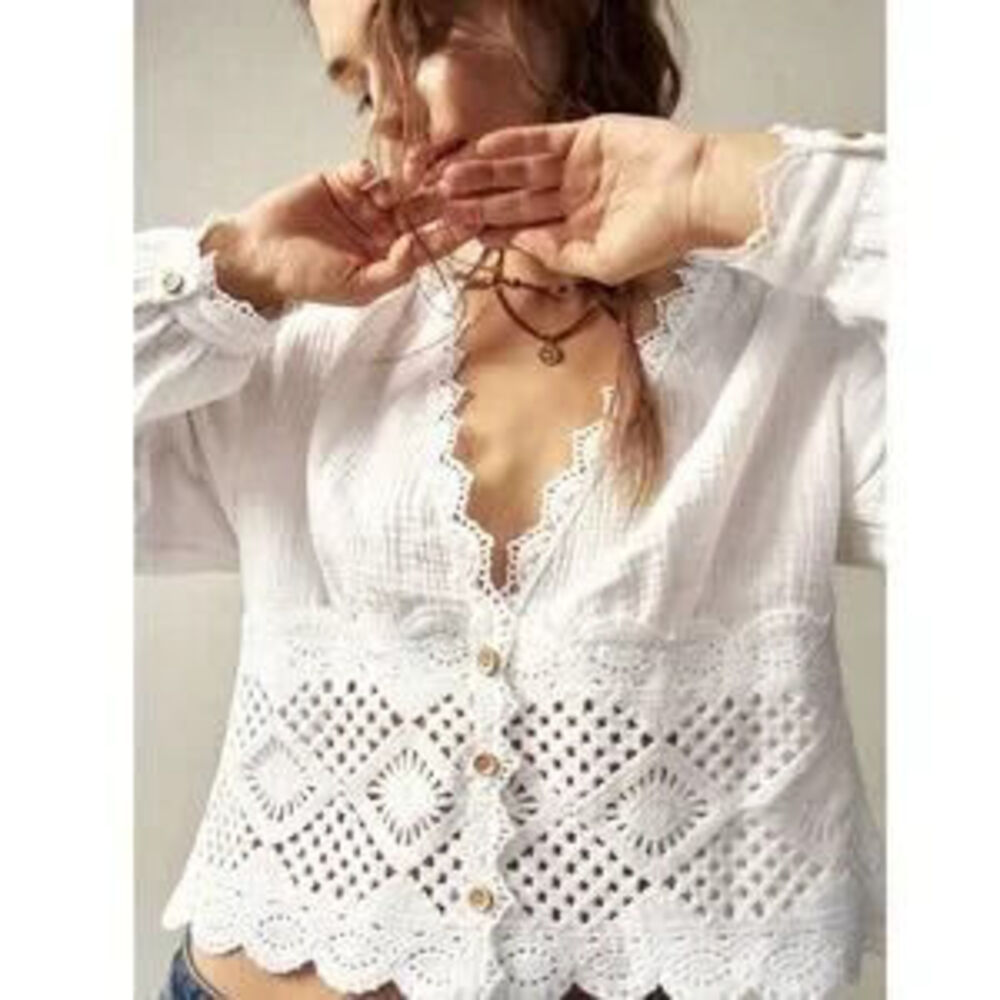 Cotton Bohemian Shirt White Crochet Lace Detailed V-Neck Long Lantern Sleeve - Picture 2 of 3